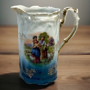 Antique German ?  Porcelain‎ Pitcher Pastoral Scene Blue White Gold Gilt c.1900?